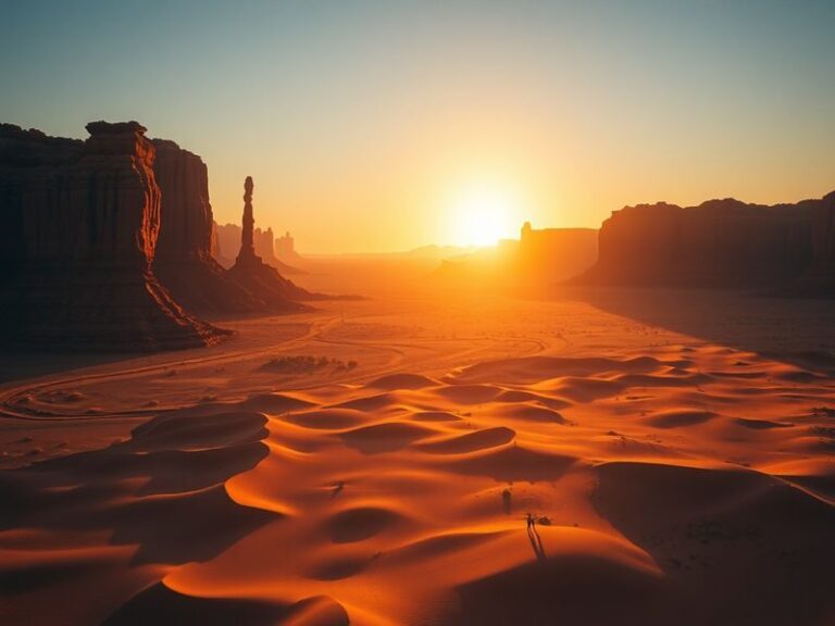 A cinematic promotional image of Crimson Desert featuring a warrior standing atop a sand dune at sunset, with a vast crimson