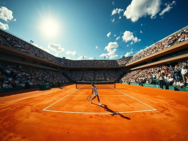 A vibrant aerial shot of Roland Garros stadium during a match, showcasing the red clay courts, packed stands, and the iconic