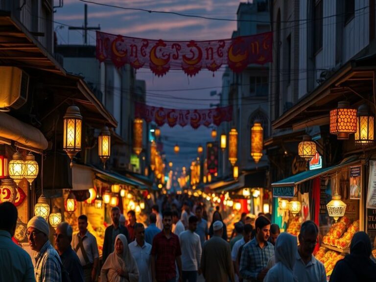 A vibrant nighttime scene of a mosque adorned with colorful lights, with people gathered for Eid prayers under a crescent moo