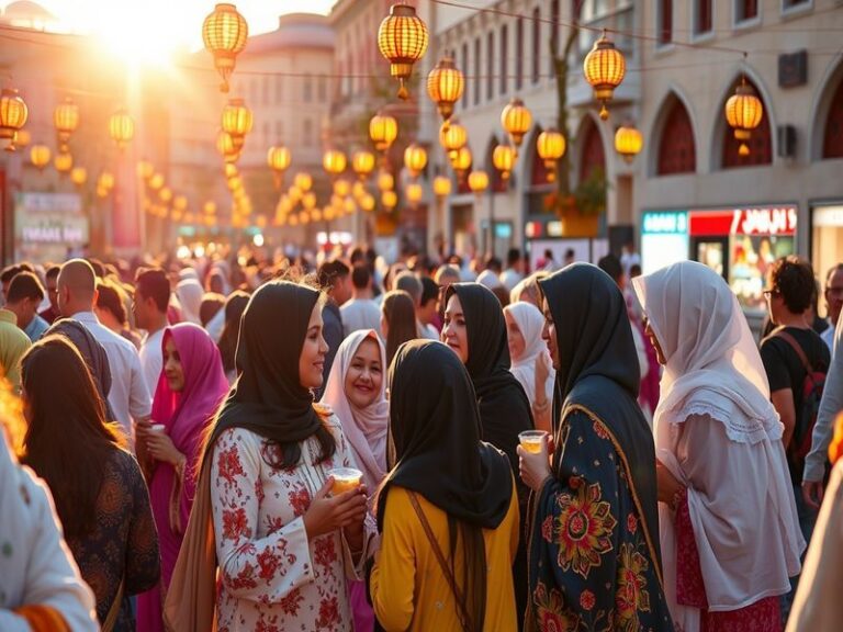 A vibrant city square during Eid celebrations, featuring colorful lanterns, families in traditional attire, and festive decor