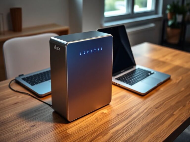 A modern suburban home with visible Xfinity cable box and a Wi-Fi router on a wooden table, displaying a speed test on a smar