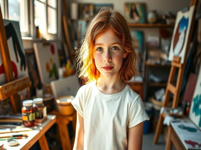A split-image composition featuring Ella Bruccoleri in her studio surrounded by art supplies on one side, and on the other, a