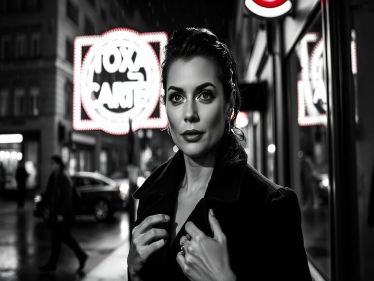 A cinematic portrait of Daniela Nardini on stage, mid-performance, wearing a dark, textured dress with soft stage lighting ca