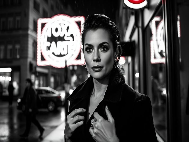 A cinematic portrait of Daniela Nardini on stage, mid-performance, wearing a dark, textured dress with soft stage lighting ca