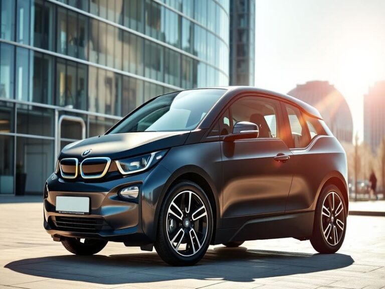 A sleek BMW i3 parked on a cobblestone street in a European city at dusk, with soft streetlights illuminating its futuristic