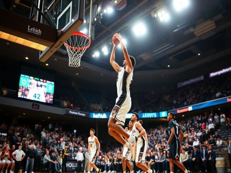A dynamic action shot of a Lehigh basketball game at the Allen Athletic Center, featuring players in maroon and white uniform