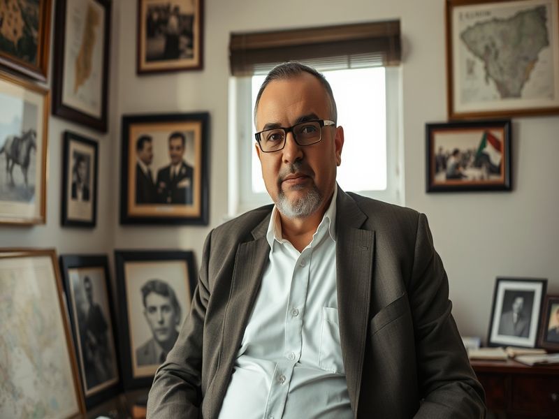A portrait of Esmail Khatib in a high-ranking military or intelligence setting, wearing a suit and glasses, with subtle Irani