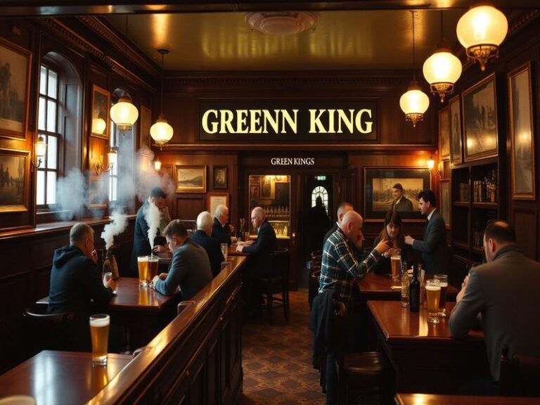 A warm, inviting scene of a Greene King pub interior at dusk, featuring wooden beams, polished brass fixtures, and a bartende