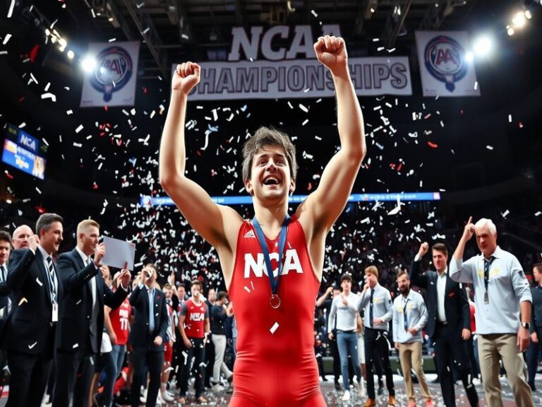 A dynamic action shot of two wrestlers grappling on a mat during the NCAA Wrestling Championships, with a packed arena in the
