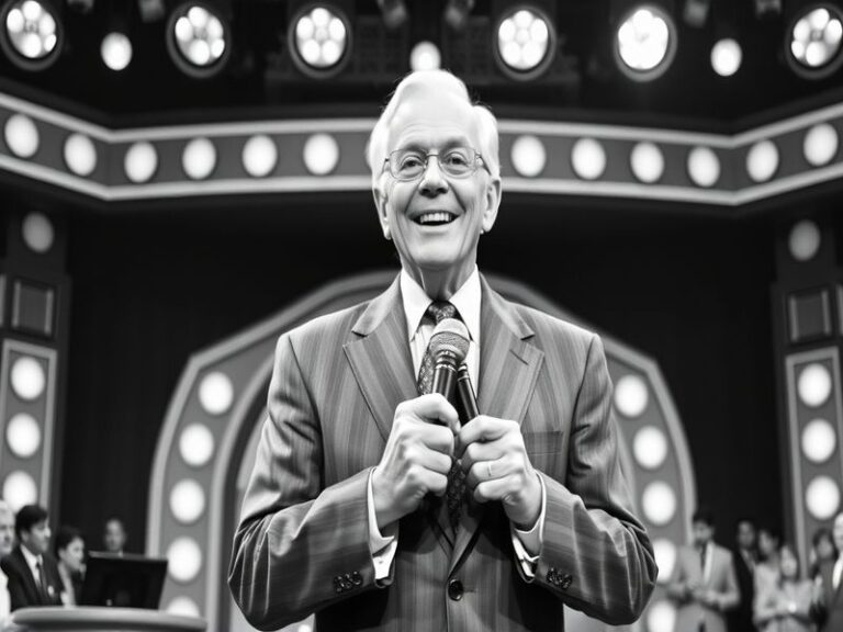 A warm portrait of Bob Barker in his prime, wearing his signature white suit and holding a microphone, with a cheerful smile.