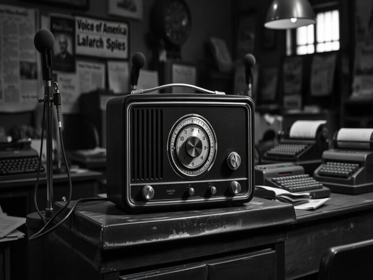 A split-screen image showing a vintage 1940s radio broadcaster alongside a modern digital newsroom with multilingual screens