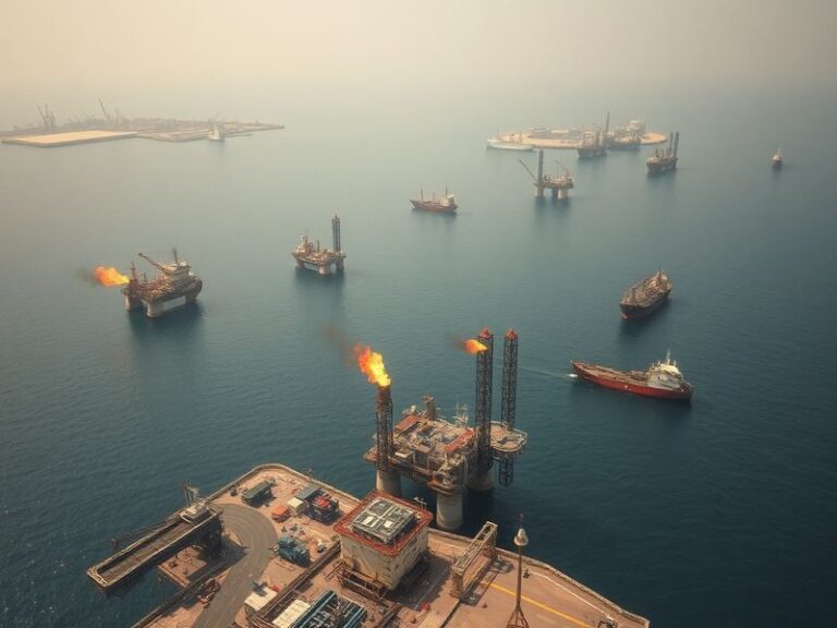A wide-angle shot of the South Pars gas field infrastructure in the Persian Gulf, showing drilling platforms, pipelines, and