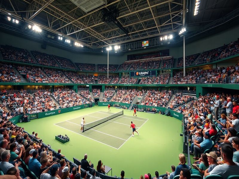 A vibrant shot of Hard Rock Stadium during the Miami Open at night, with bright court lights illuminating the action, surroun