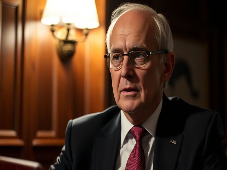 A portrait of Crispin Blunt in a tailored suit, standing in a Westminster corridor with a thoughtful expression, blending tra