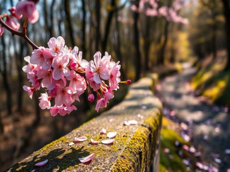 A serene spring scene featuring blooming cherry blossoms with soft morning light filtering through petals, a winding garden p