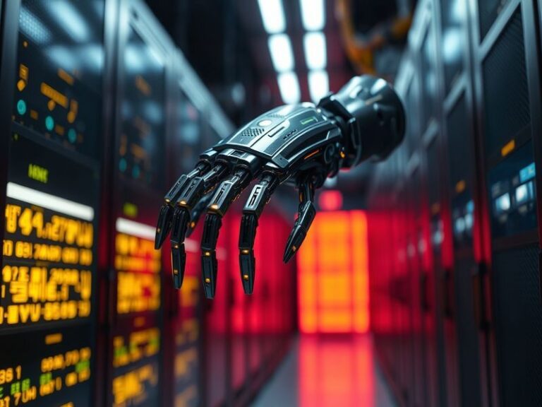 A futuristic digital workspace with holographic AI interfaces, neural network diagrams, and developers collaborating on code.