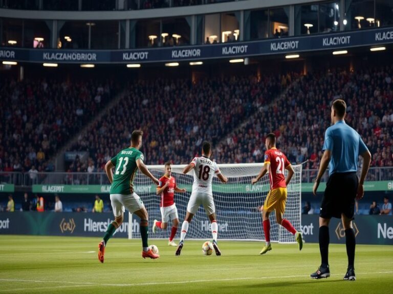 A wide-angle shot of Alanya’s stadium under floodlights, with players warming up on the pitch. The stands are partially fille