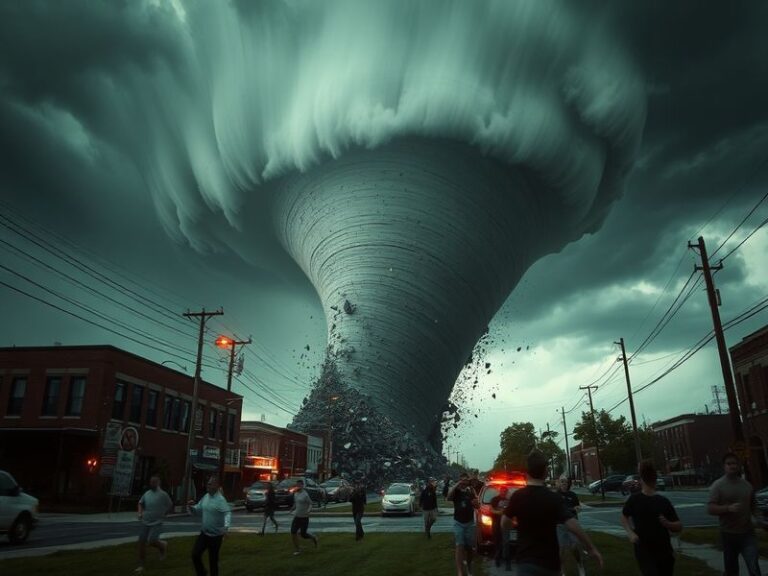 Aerial view of a residential neighborhood in Columbus, Ohio, showing damaged roofs, downed trees, and debris scattered across