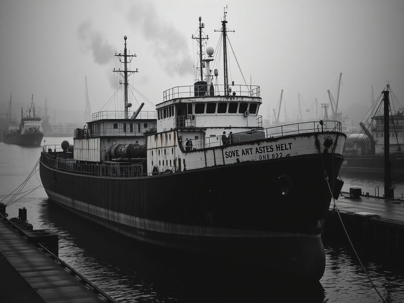 A split-image illustration showing a modern U.S.-flagged cargo ship on one side and a historic 1920s-era shipyard on the othe