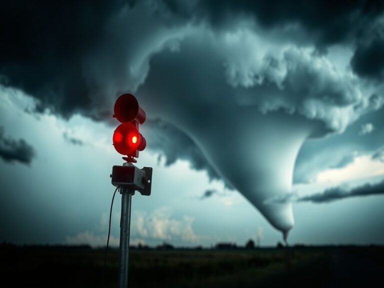 A dramatic photo of a tornado siren pole against a stormy Midwestern sky, with dark clouds looming overhead and a suburban st