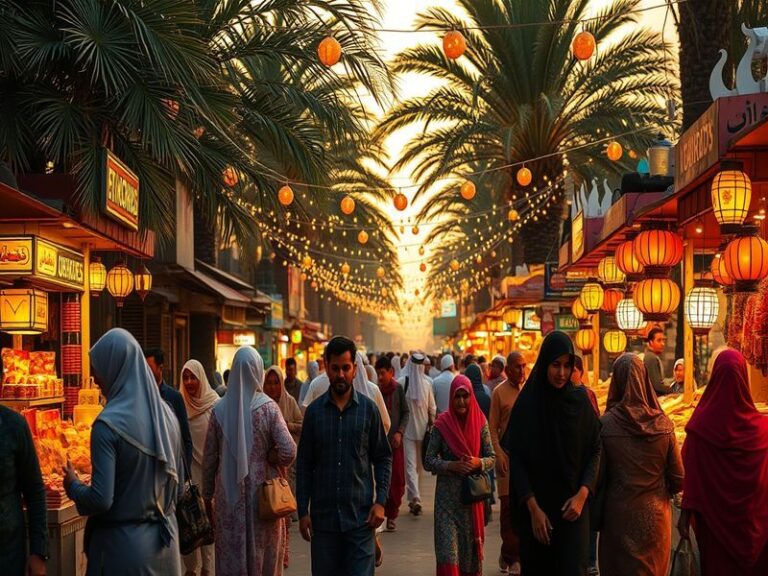 A vibrant nighttime cityscape during Eid al-Fitr celebrations, featuring illuminated mosques, colorful lanterns, and families