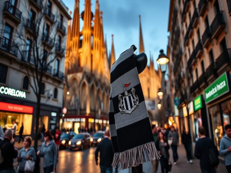 A dramatic shot of Barcelona’s Pedri controlling the ball against Newcastle’s midfield, with the Camp Nou stadium blurred in