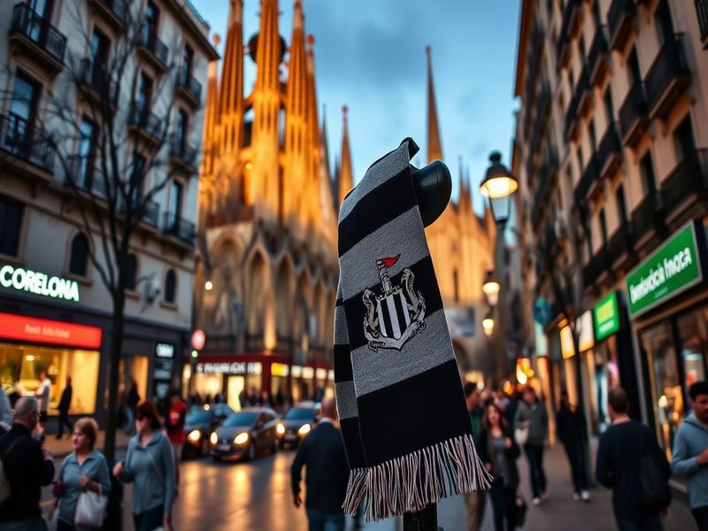 A dramatic shot of Barcelona’s Pedri controlling the ball against Newcastle’s midfield, with the Camp Nou stadium blurred in
