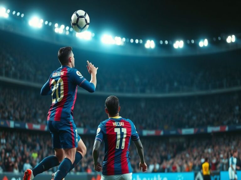 A dynamic action shot of FC Barcelona players in their home kit against Newcastle United in a Champions League match. The ima