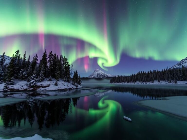 A photographer under the starry night sky capturing vibrant green and purple aurora borealis with a tripod-mounted camera, sn