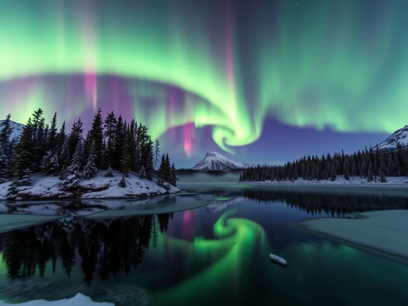 A photographer under the starry night sky capturing vibrant green and purple aurora borealis with a tripod-mounted camera, sn