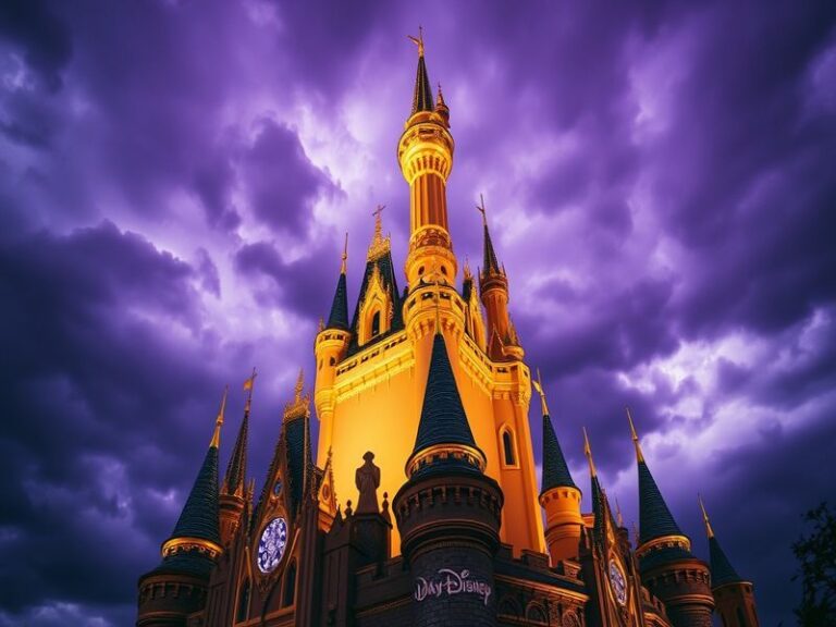 A vibrant Disney theme park scene at dusk, featuring iconic castle silhouetted against a glowing sunset, with families in mid