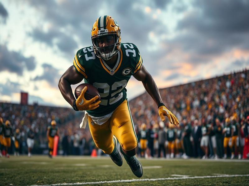 A dynamic action shot of AJ Dillon wearing a Green Bay Packers jersey, breaking through a tackle on the football field with a