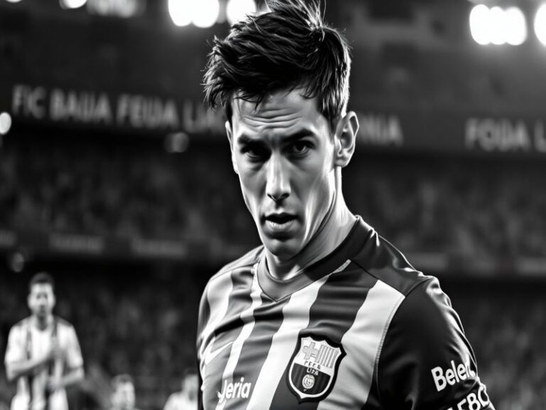 Eric García in action during a Barcelona match, wearing the club's home kit, positioned as the deepest defender in a back thr