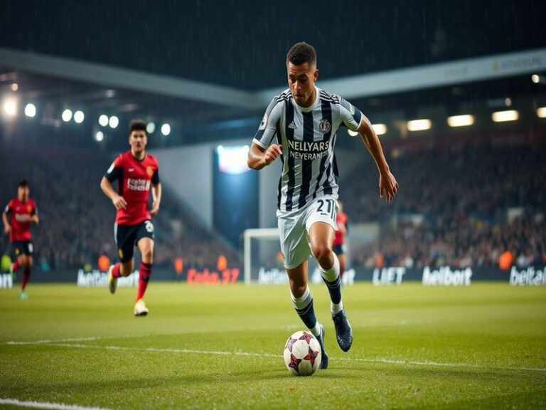 A dynamic action shot of Joelinton in Newcastle United's black-and-white kit, mid-dribble in a crowded stadium, with blurred