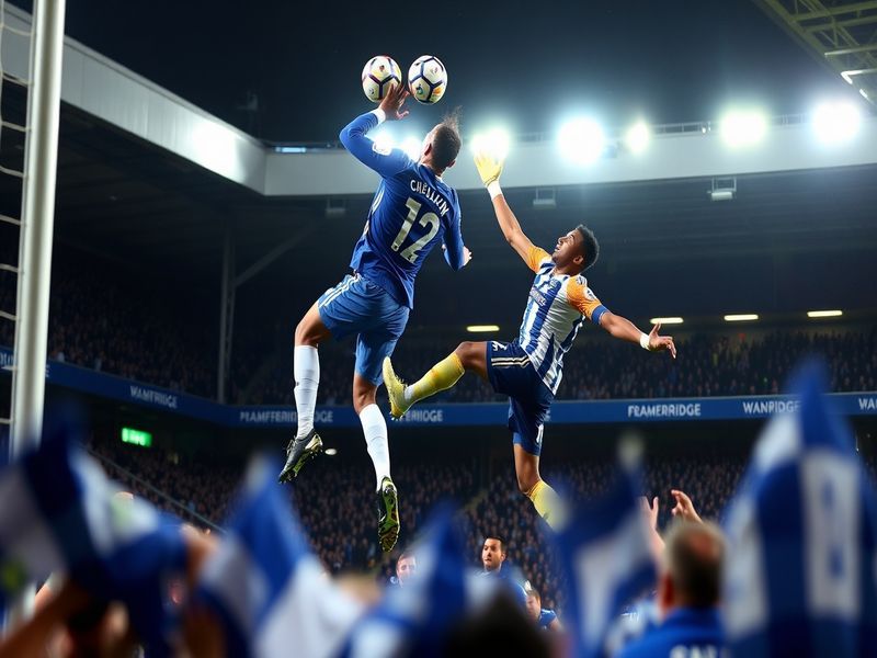 A dynamic shot of Stamford Bridge during the Chelsea vs Brighton match, showing players in action with Chelsea in blue and Br