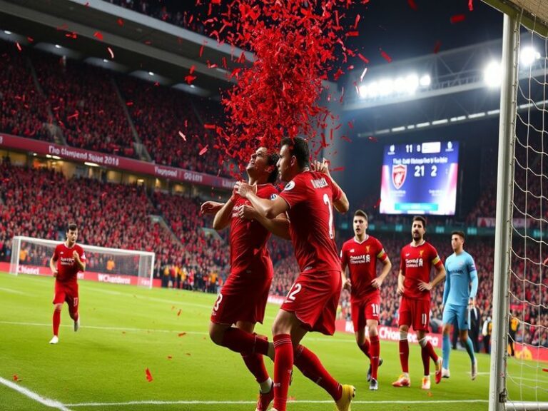 A dramatic shot of Anfield stadium under floodlights, showing Liverpool players celebrating a goal, with Galatasaray players