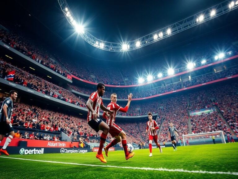 A dynamic shot of Bayern Munich's players celebrating a goal against Atalanta in the Champions League, with the Allianz Arena