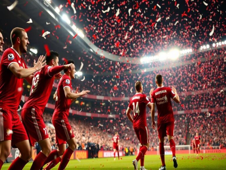 A dynamic scene from a Liverpool vs Galatasaray match at Anfield, showing intense action with both sets of fans visible in th