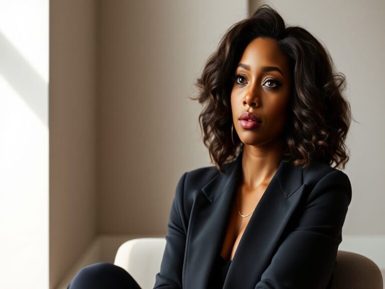 A portrait of Laverne Cox in a stylish outfit, standing confidently against a neutral background. She is dressed in a tailore