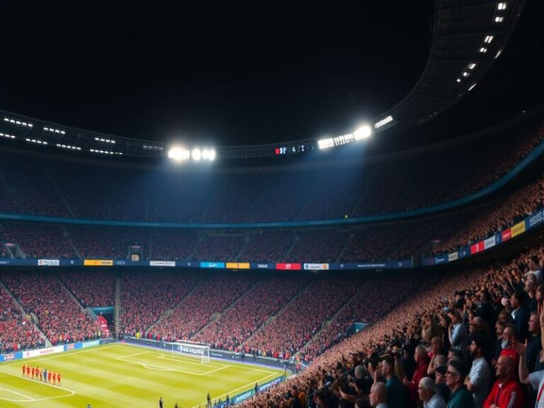 A dramatic wide-angle shot of a Champions League final at night, showing packed stadium with intense lighting, players in act