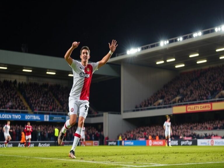 A wide-angle shot of Stadium MK during the match, showing MK Dons players celebrating a goal with Colchester players in the b