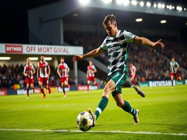 A vibrant matchday scene at The Oval or Solitude stadium, with players in action, fans in the stands holding scarves and bann