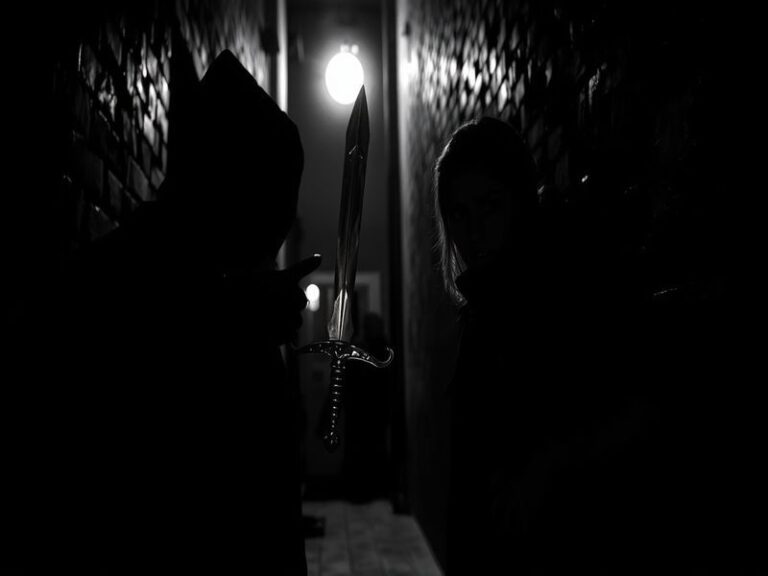 A dimly lit prison cell with a shadowy figure in the background, conveying a sense of danger and unseen threats. The mood is