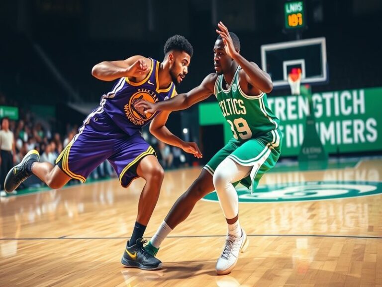 A split-screen image showing two iconic moments: Bill Russell of the Celtics in the 1960s and Stephen Curry of the Warriors i