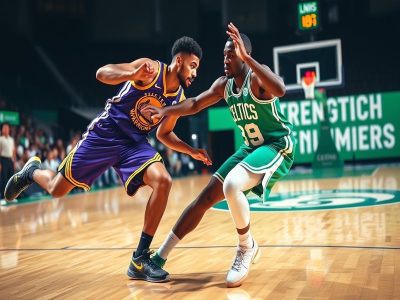 A split-screen image showing two iconic moments: Bill Russell of the Celtics in the 1960s and Stephen Curry of the Warriors i