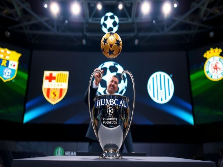 A vibrant stadium filled with fans from diverse backgrounds, displaying scarves and jerseys, with the UEFA Champions League l