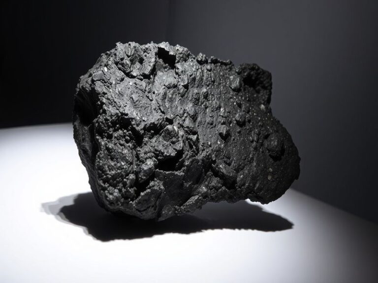 A close-up of the Tipp City meteorite resting on a lab table, with a microscope and scientific equipment in the background. T