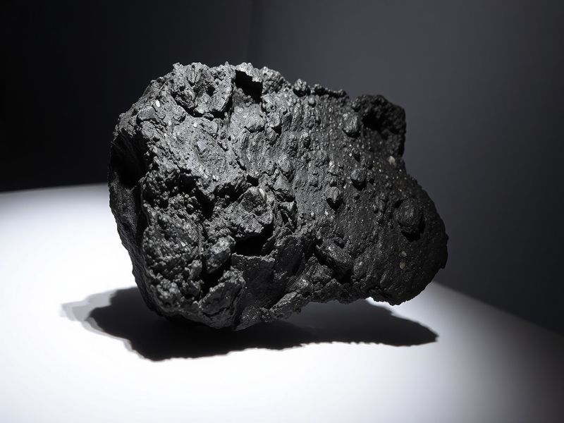 A close-up of the Tipp City meteorite resting on a lab table, with a microscope and scientific equipment in the background. T