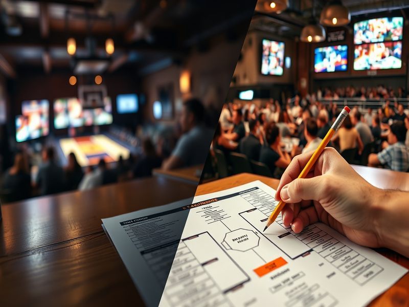 A vibrant collage showing diverse people around the world filling out brackets on phones, laptops, and paper, with sports, es