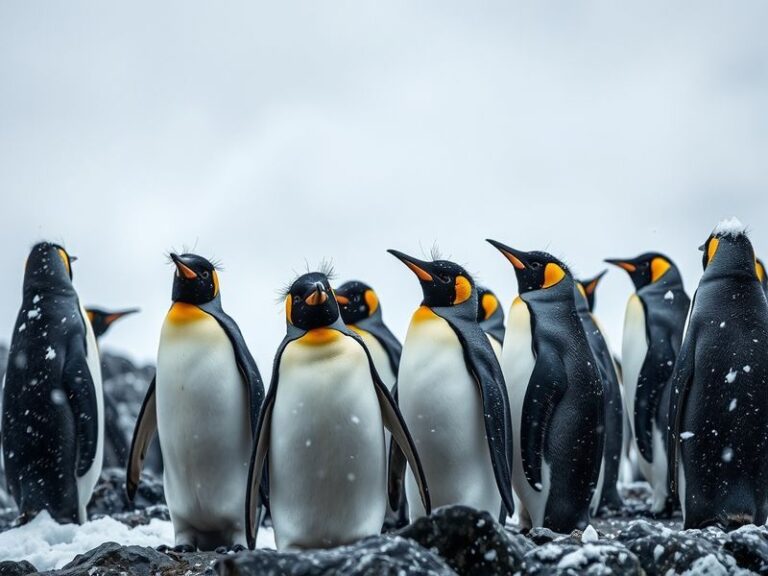 A split-image illustration showing Emperor penguins huddling in a blizzard on the left and a powerful hurricane swirling over
